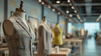 Fashion design studio display features dress forms and clothing styles in a modern setting with natural light