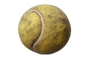 Used fuzzy tennis ball with yellow felt texture showing wear and grime on transparent background for sports concepts