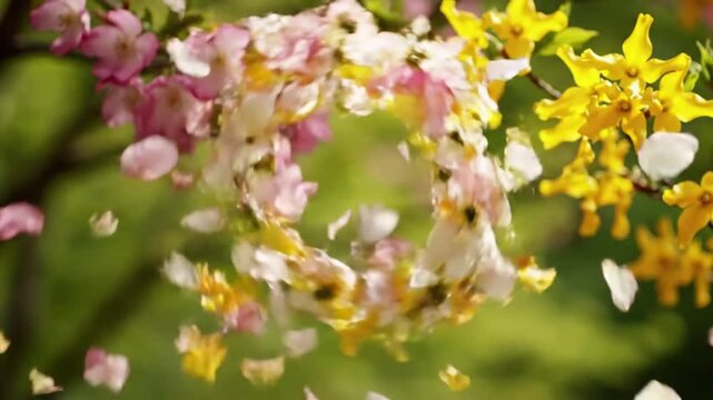 Nature's Dance petal swirl spring An overhead view looking down as a dense collection of colorful spring petals forms an intricate,