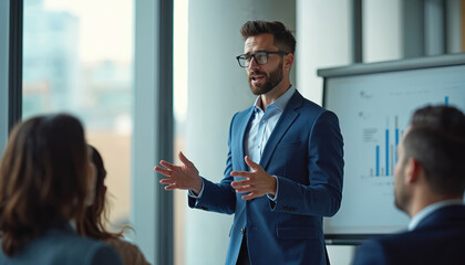 Man in suit presents business plan with charts on screen. Colleagues listen attentively in modern office. Startup team discusses strategy, plans new project. Experts meet for growth.