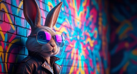 Cool rabbit wearing sunglasses and leather jacket in graffiti alley