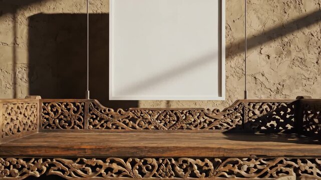 Carved Wooden Bench with Blank Sign.