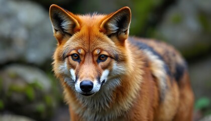 Fototapeta premium Close-up portrait of maned wolf with reddish fur, striking eyes. Wild canine looks directly at camera against blurred natural background. Wildlife photographers, naturalists find photo useful.