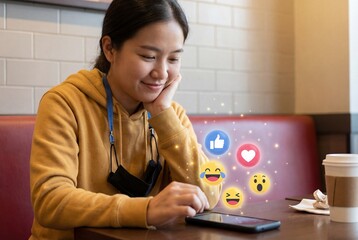 Asian woman smiling at smartphone in cafe with glowing social media icons and reaction emojis