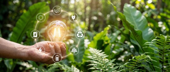 Hand holding glowing LED bulb with eco icons against lush green foliage symbolizing sustainable and