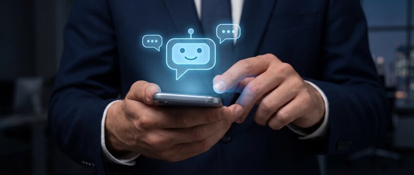 Businessman holding smartphone with glowing blue chatbot icon for artificial intelligence support - Powered by Adobe