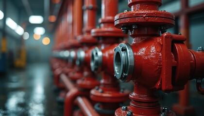 Row of shiny red fire protection valves with water droplets. Industrial plumbing system for hazard control. Metallic pipes and hardware for emergency water supply. Safety equipment in facility.