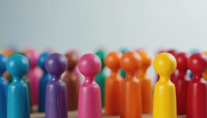 Diverse group of colorful pawn figures stand together in rows. Figures show unity and represent varied people in a community. Concept of inclusion and teamwork is evident in the gathering.