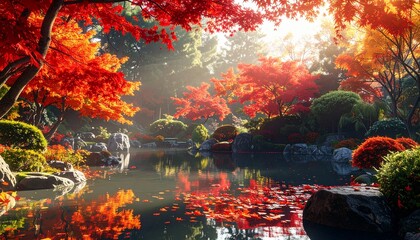 Fototapeta premium 紅葉に包まれた静寂の日本庭園風景背景