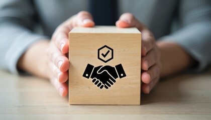 Hands hold wooden cube with handshake icon and checkmark. Symbolizes agreement, partnership, and trust in business deals. Represents successful cooperation and assurance. Concept of mutual respect.