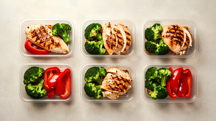Meal prep containers filled with grilled chicken, broccoli, and red bell peppers, showcasing a healthy and organized approach to food preparation.