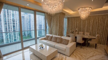 Elegant living room with modern furniture and city views