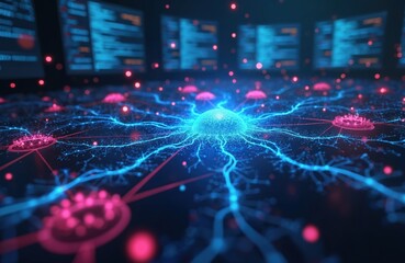 Abstract digital network connects nodes with glowing blue and pink lights. Data streams flow through illuminated lines, suggesting complex AI or machine learning operations on screens.