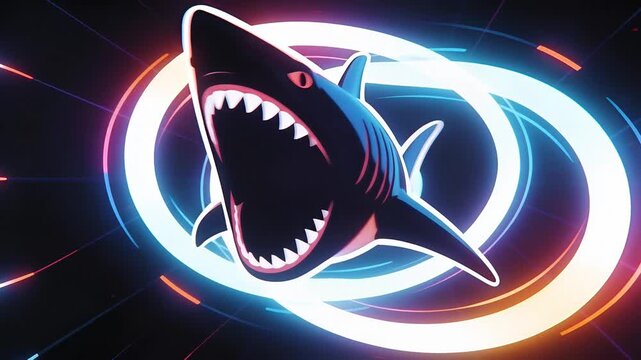 Dynamic Neon Shark with Open Jaws in a Vibrant Light Ring.