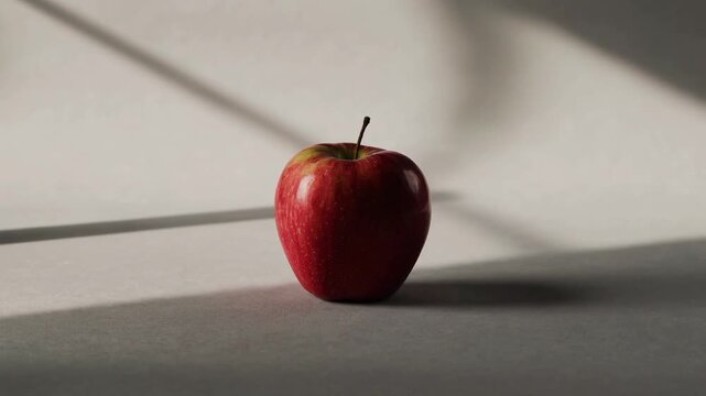 A fresh red apple stands alone on a minimalist grey surface, illuminated by natural light and geometric shadows.