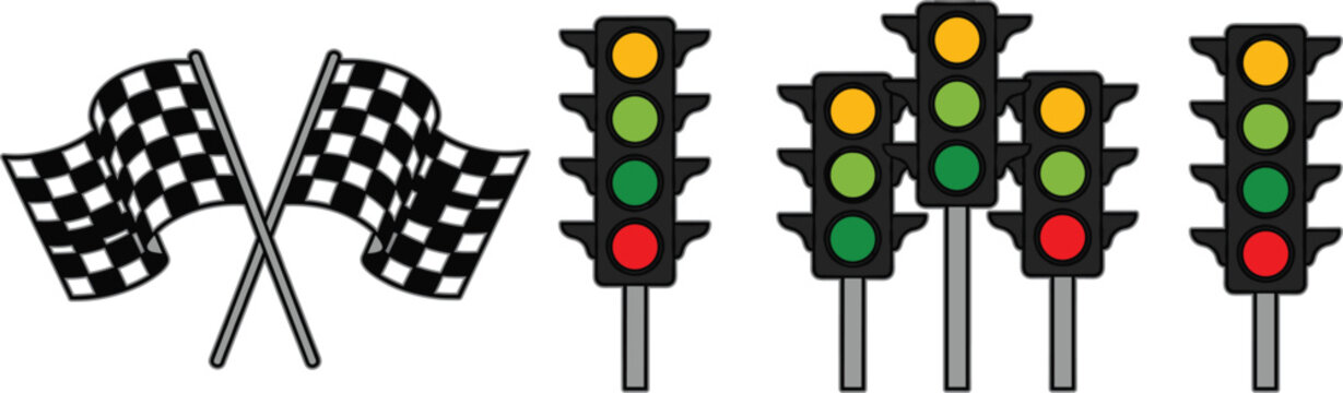 Racing finish flags and traffic light icons set showing start, stop, and signal states for transportation, motorsport, and road safety design