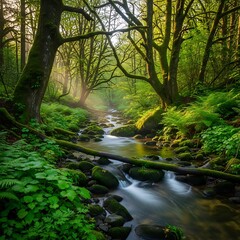 Obraz premium Lush green forest scene depicts a sunlit, moss-covered stream flowing over rocks