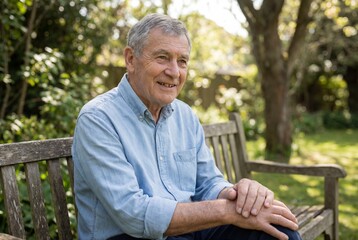 Fototapeta premium Happy senior man with grey hair sitting on a wooden bench in a green garden during a sunny day