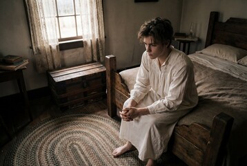 Lonely barefoot young man in white nightgown sits on wooden bed in rustic vintage bedroom
