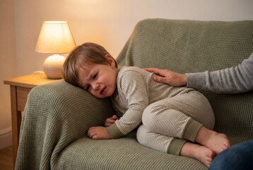 Obraz premium Sad little boy crying on sofa while mother comforts him with gentle hand on back in evening