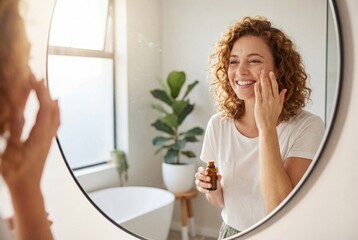 Smiling woman with curly hair applying facial serum from a bottle while looking in the bathroom mirror