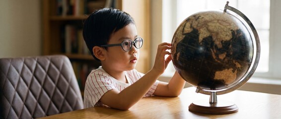 Curious asian boy with glasses exploring geography on a vintage world globe at a wooden table