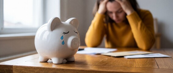 Sad white piggy bank with tears on table while worried woman deals with financial debt and crisis