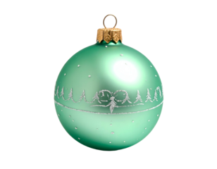A pale green, round ornament with silver forest decoration