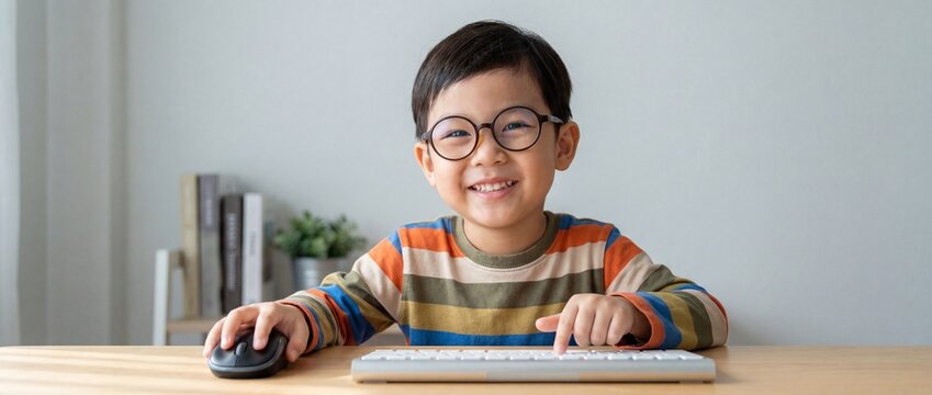 Happy young asian boy wearing glasses using a computer keyboard and mouse at a wooden desk