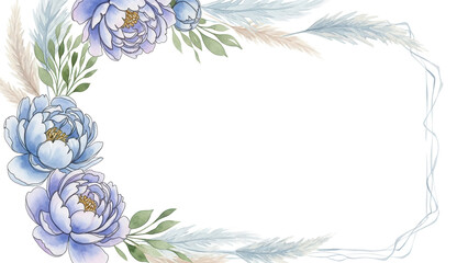 Botanical watercolor corner frame with peonies and pampas grass in pastel blue and lavender isolated on white background