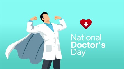 Animated video of a confident doctor raising hands to celebrate National Doctor Day. National Doctor Day concept. Full length animation illustration. High quality 4k footage