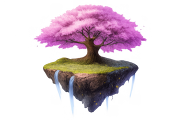 Fantasy floating island with pink cherry blossom tree, green grass and flowing waterfalls, transparent background