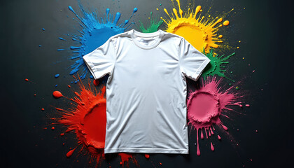 White t-shirt lies flat against dark backdrop. Vibrant paint splatters in red blue yellow and pink explode around garment. Clean shirt awaits custom design or print.