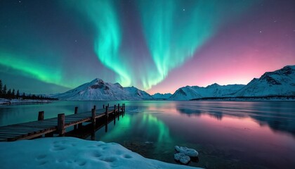 Northern lights glow green and pink above snowy mountains and calm lake with wooden pier. Winter landscape at night shows aurora borealis reflection in water.