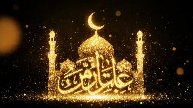 Sparkling golden mosque and arabic calligraphy on a dark background, representing islamic culture, eid al-adha, and ramadan kareem celebrations with shimmering glitter particles and bokeh lights. - Powered by Adobe