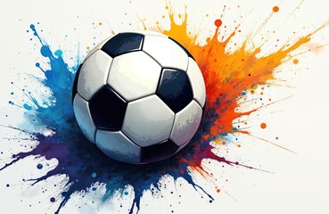 Fototapeta premium Soccer ball splashes blue orange paint. Sport abstract background with white sphere. Dynamic game symbol, active play concept, energetic competition.