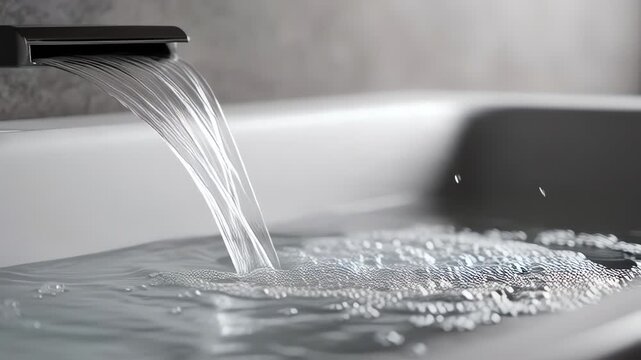 Running bath water filling luxury modern bathtub