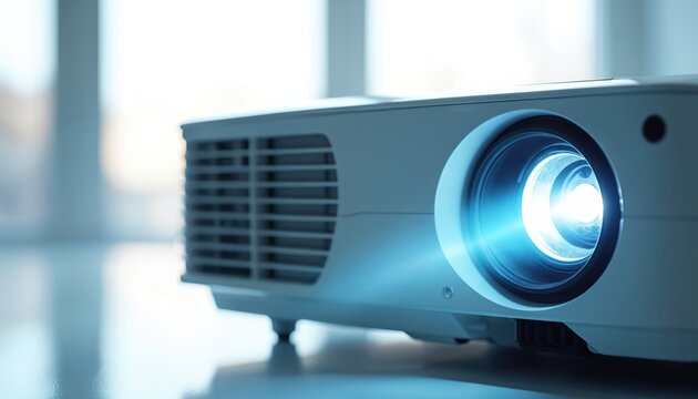 Modern video projector casts bright blue light beam from its lens. Device sits indoors on a reflective surface, ready for presentation or display.
