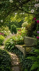 Obraz premium Wooden garden bench nestled beside a lush, flower-filled pathway under dense green foliage