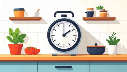 Flat vector illustration of a modern kitchen interior featuring a large timer clock on the counter with plants and shelves.