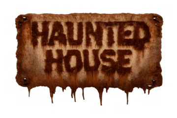 Haunted house sign dripping blood, creating scary halloween horror atmosphere on transparent background