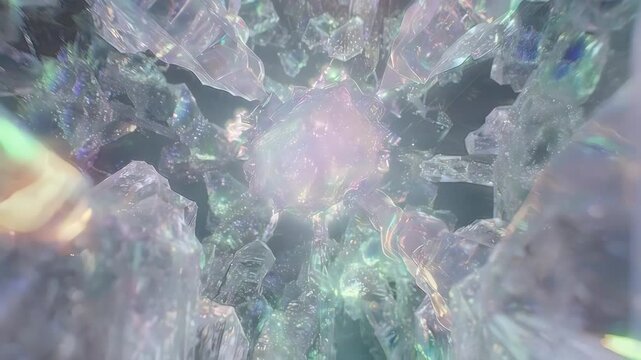 Abstract crystal formation with glowing pink core and shimmering light effects.