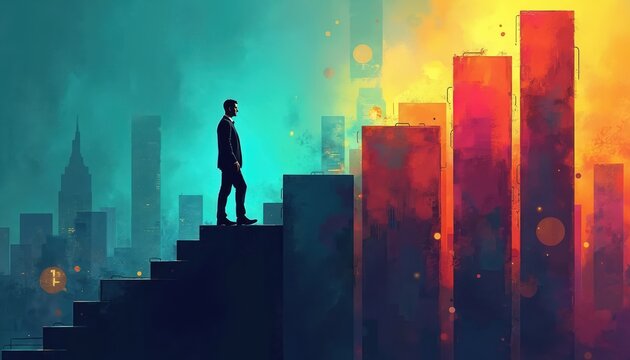 Man in suit walks up stairs representing financial growth. Leader ascends towards success and city skyline. Ambition and career progress towards corporate goals.