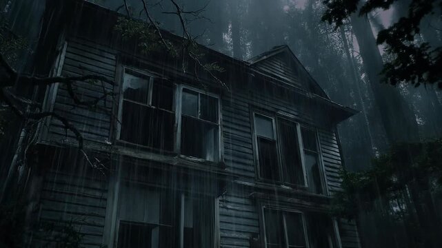 A dilapidated, abandoned wooden house stands ominously in a dark, misty forest during a rainstorm.