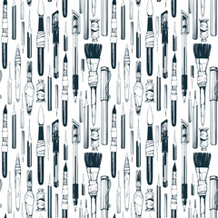 Seamless pattern of hand-drawn art tools in line art, including pens, brushes and nibs and paints. Design for textile, fabric, packaging, decoupage, prints, souvenirs.