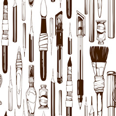 Seamless pattern of hand-drawn art tools in line art, including pens, brushes and nibs and paints. Design for textile, fabric, packaging, decoupage, prints, souvenirs.