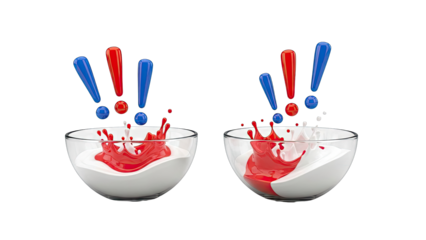 Red and Blue Exclamation Marks Splashing into Milk in Bowls