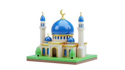 3D Rendered Islamic Mosque with Blue Domes and Minarets