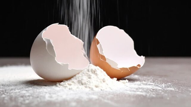Broken eggshell halves on white powder against a dark background