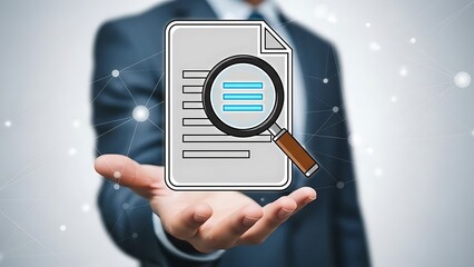 Businessman presenting document with magnifying glass for inspection